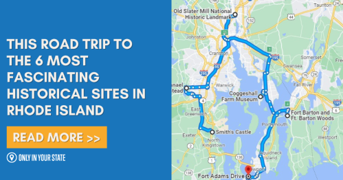 Map highlighting a road trip route to six historical sites in Rhode Island, with a call to action to read more.