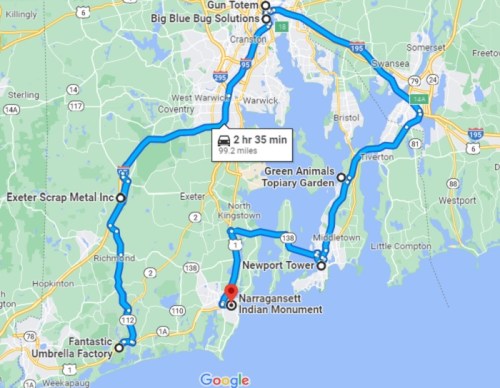 Map showing a route of approximately 99.2 miles with stops at various locations in Rhode Island.