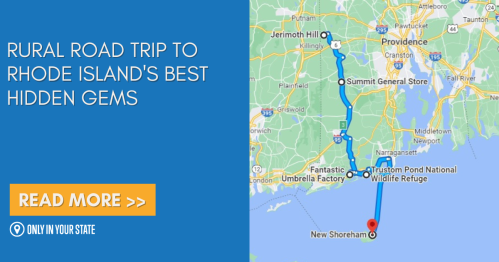 Map highlighting a rural road trip route to hidden gems in Rhode Island, with a call to action to read more.