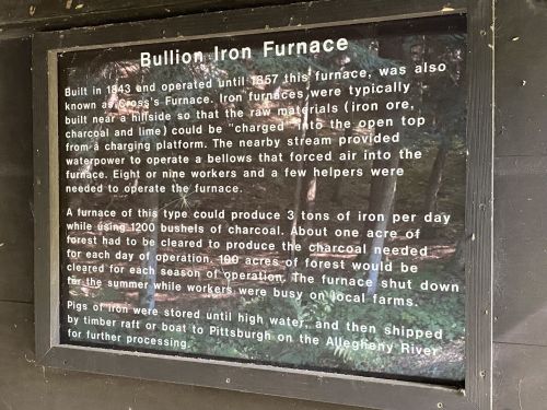 Sign about the Bullion Iron Furnace, detailing its history, operation, and charcoal production process.