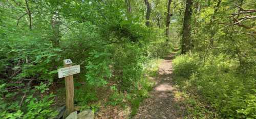 A narrow trail surrounded by lush greenery, with a wooden signpost indicating the path ahead.