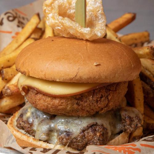 A hearty burger with a crispy chicken patty, melted cheese, and a side of golden fries.