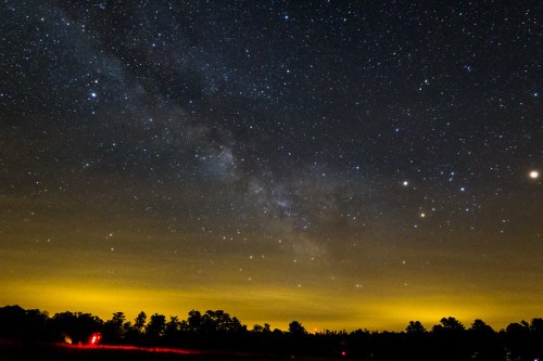 A starry night sky filled with the Milky Way, illuminated by distant lights and silhouetted trees below.