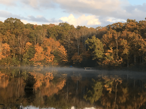 A serene lake surrounded by autumn trees, reflecting vibrant colors and a misty atmosphere under a cloudy sky.