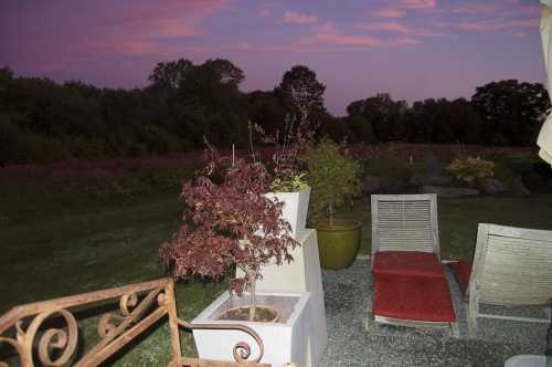 A serene outdoor scene at dusk, featuring a small tree, potted plants, and lounge chairs against a colorful sky.