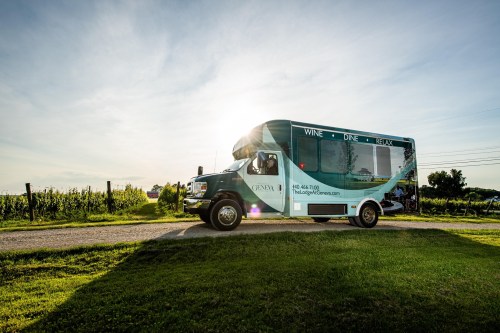 A wine tour bus parked on a gravel path near vineyards, with a bright sun shining in the background.