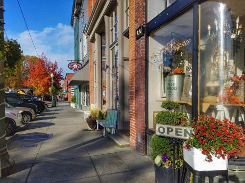 A charming street scene with shops, colorful autumn leaves, and a flower display outside a store.