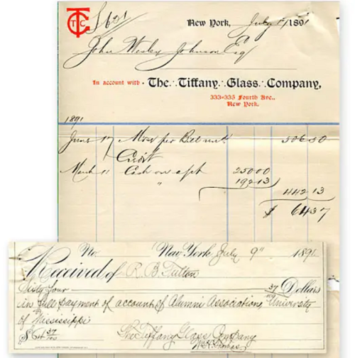 Historical invoices from The Tiffany Glass Company, dated July 1890 and July 1891, detailing transactions and payments.