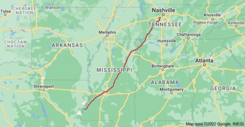 Map showing a route through Tennessee, Mississippi, Alabama, and surrounding states, highlighted in red.