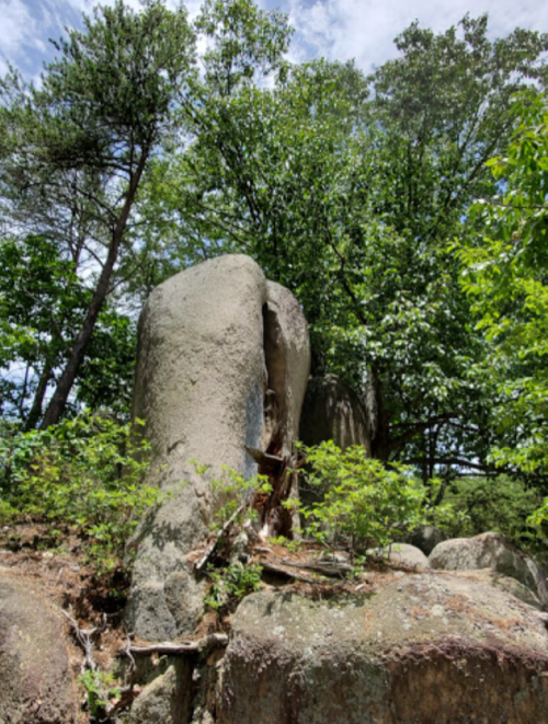 A large rock formation surrounded by greenery and trees under a partly cloudy sky.