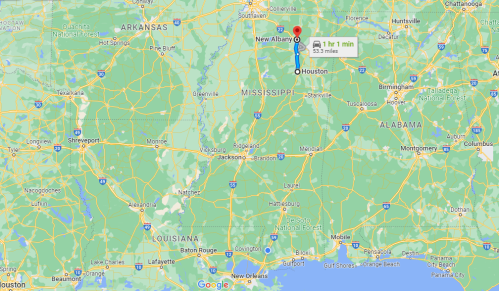 Map showing a route from New Albany, Mississippi, to Houston, Mississippi, with surrounding states and highways.