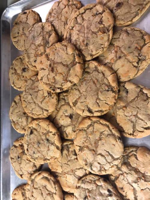 A tray filled with freshly baked cookies, golden brown with a slightly cracked surface.