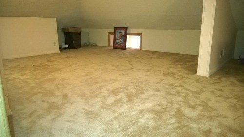 A spacious, empty attic with beige carpet, a small window, and a framed picture on the floor.