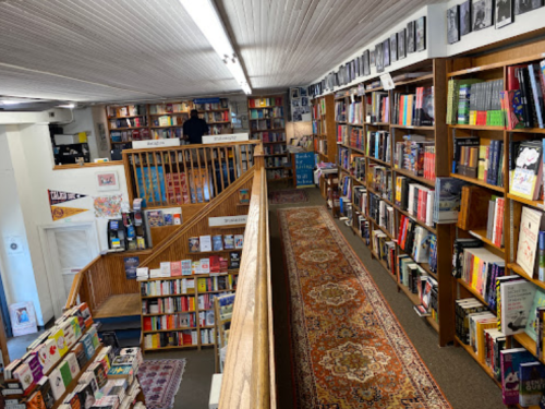 A cozy bookstore with wooden shelves filled with books, a patterned rug, and a person browsing on the upper level.