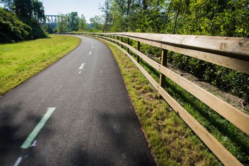 A winding paved path beside a wooden fence, surrounded by greenery and trees on a sunny day.