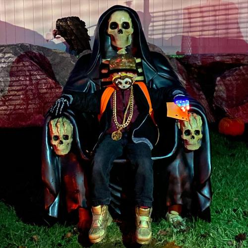 A skeleton figure in a hooded cloak sits on a throne, holding a small skeleton dressed in gold accessories.