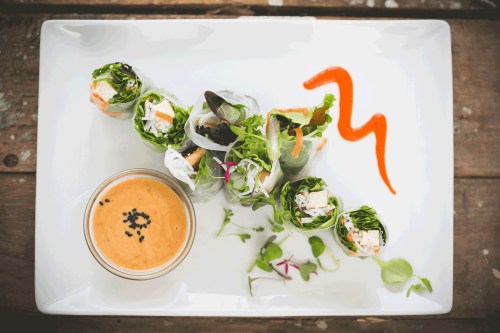 Fresh spring rolls with vegetables and chicken, served with a peanut dipping sauce and a drizzle of sauce on the plate.