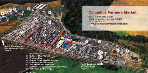 Aerial view of Columbus Farmers Market, showing various sections, entrances, and nearby fields in Columbus, NJ.