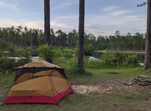 A tent set up in a lush green campsite near a calm lake, surrounded by tall trees and a peaceful landscape.
