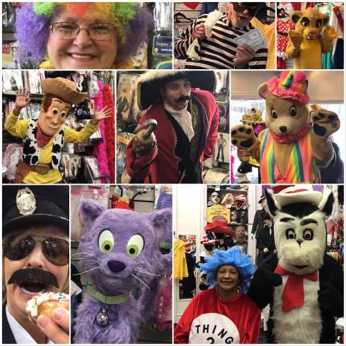 A collage of people in various costumes, including clowns, cartoon characters, and a pirate, all posing playfully.