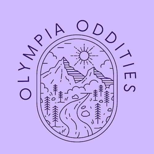 Logo featuring mountains, a river, and trees, with the text "Olympia Oddities" in a circular design on a purple background.