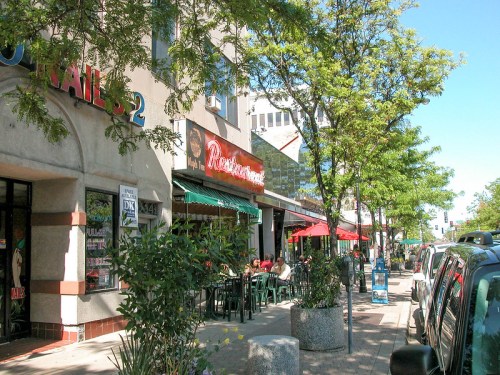 A sunny street scene with outdoor dining, trees, and parked cars along a bustling restaurant area.