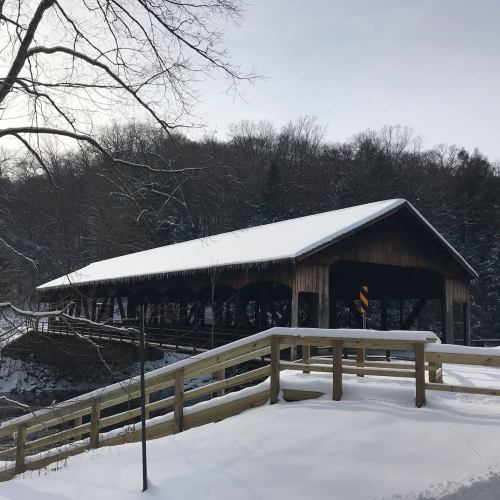 A snow-covered landscape featuring a wooden bridge and a rustic shelter surrounded by trees.