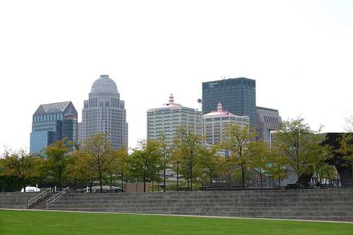 City skyline featuring modern buildings and trees in the foreground under a clear sky.