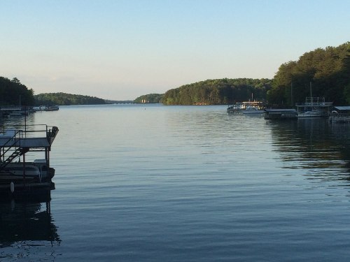 A calm lake scene with boats docked, surrounded by lush green trees under a clear blue sky.