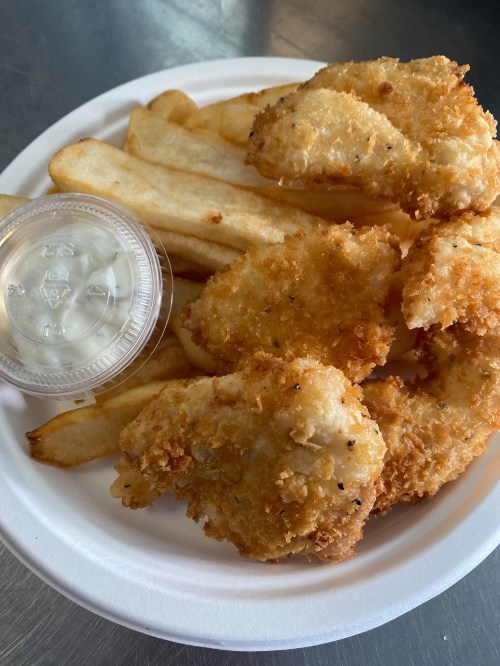 A plate of golden fried fish fillets with crispy fries and a small cup of dipping sauce.