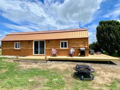 A rustic wooden cabin with a metal roof, surrounded by grass and a fire pit, under a blue sky with clouds.