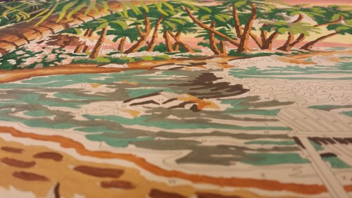 A colorful painting of a tropical beach scene with palm trees, waves, and a partially submerged structure.