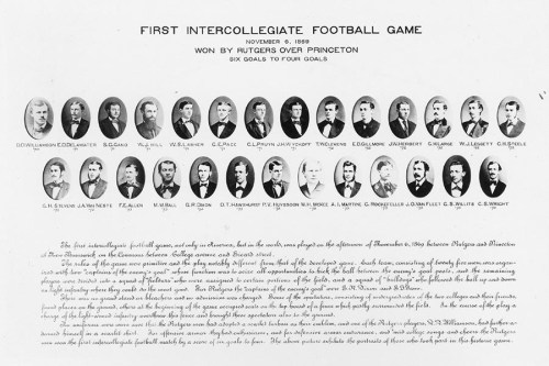 Historic photo of the first intercollegiate football game, featuring players and details from the 1869 match between Rutgers and Princeton.