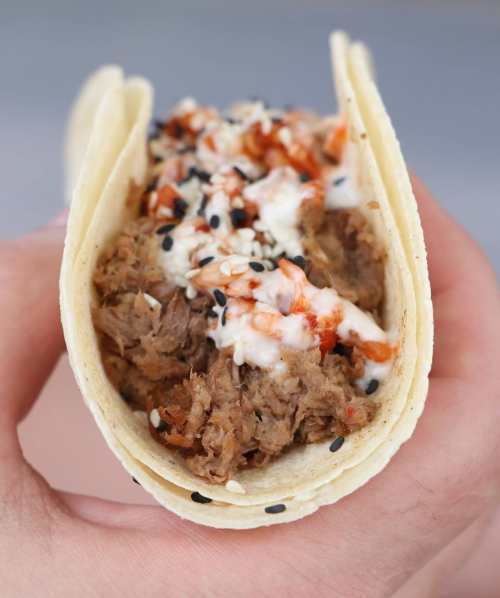 A hand holding a soft taco filled with shredded meat, topped with sauce and sesame seeds.
