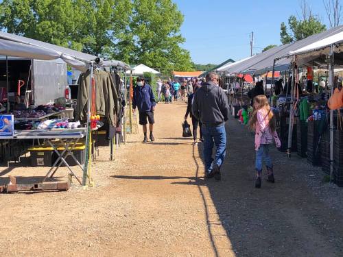 A bustling outdoor market with people browsing stalls under tents, surrounded by greenery and sunny skies.
