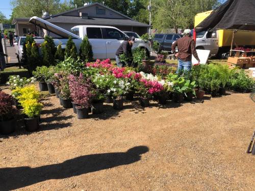 A garden center with various potted plants and flowers, and people arranging them near a pickup truck.