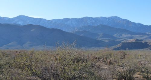 A vast desert landscape with sparse vegetation and distant mountains under a clear blue sky.