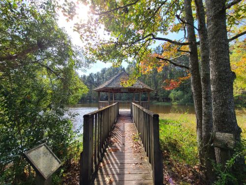 A wooden walkway leads to a gazebo by a serene lake, surrounded by trees with autumn foliage.