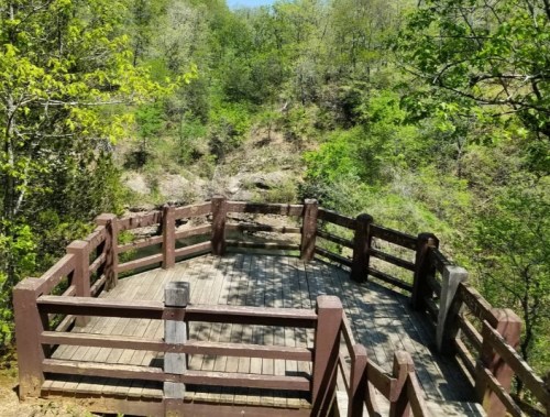 A wooden observation deck surrounded by lush green trees and a hillside in a natural setting.