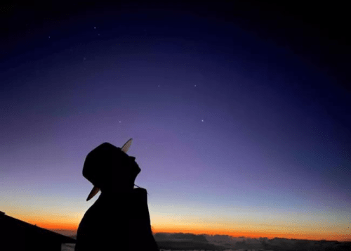 Silhouette of a person wearing a hat, gazing up at a starry sky during twilight.