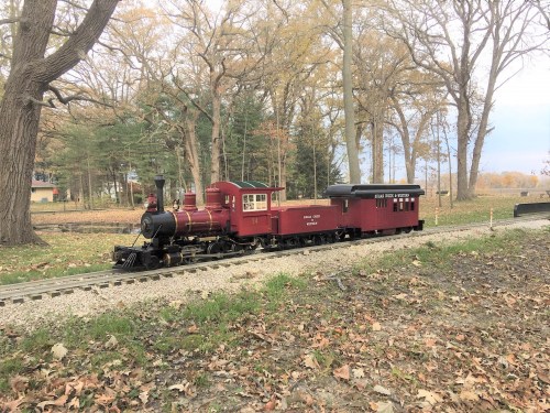 A vintage red steam locomotive on a narrow track, surrounded by autumn trees and fallen leaves.
