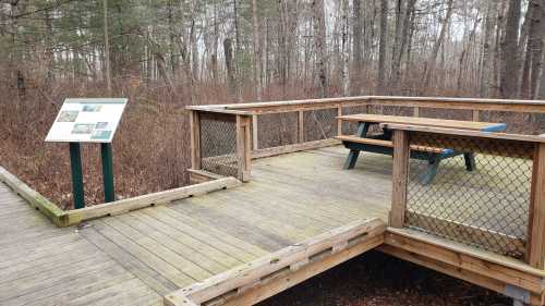 A wooden observation deck in a forest, featuring a picnic table and an informational sign.