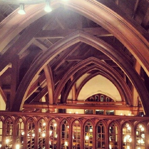Interior view of a library with wooden arches and beams, illuminated by soft lighting.