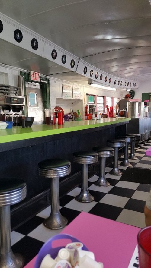 A retro diner interior with a green counter, metal stools, and vinyl records on the walls, featuring a checkered floor.