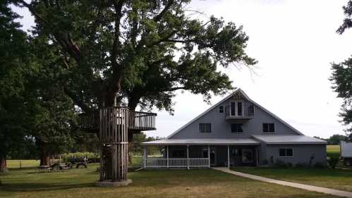 A gray barn-style house with a treehouse nearby, surrounded by green grass and trees under a cloudy sky.