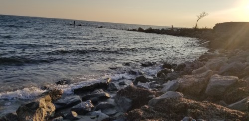 A serene beach scene at sunset, featuring gentle waves, rocky shore, and a distant tree silhouette.