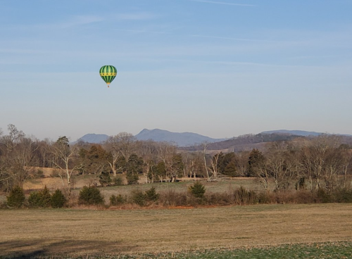 A green and yellow hot air balloon floats above a rural landscape with mountains in the background and bare trees.