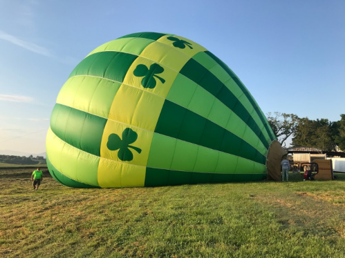 A green and yellow hot air balloon with shamrock designs is being inflated in a grassy field.