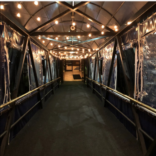 A dimly lit walkway with string lights, featuring a covered entrance and a dark carpet leading to an exit.