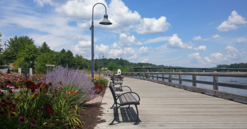 A scenic riverside walkway with benches, flowers, and a clear blue sky dotted with clouds.